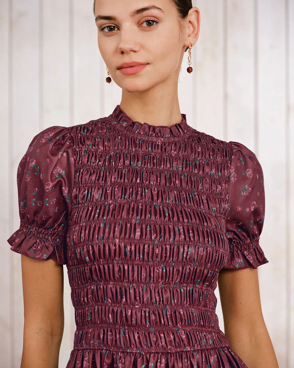 Wine Red Floral Shirred Puffed Sleeve Midi Dress sold by rihoas product image thumbnail 2