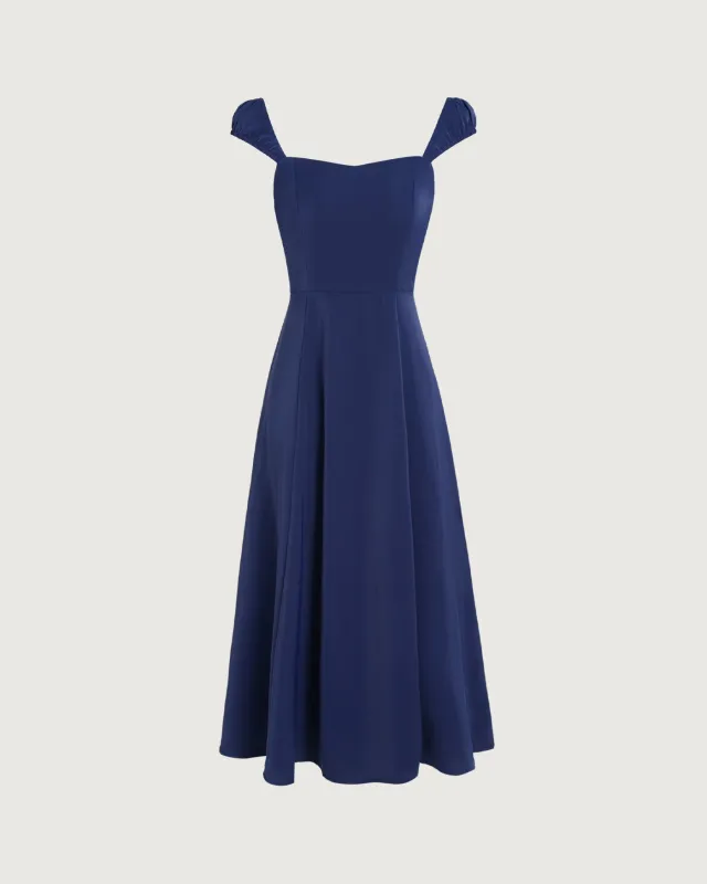Navy A-Line Cap Sleeve  Midi Dress sold by rihoas