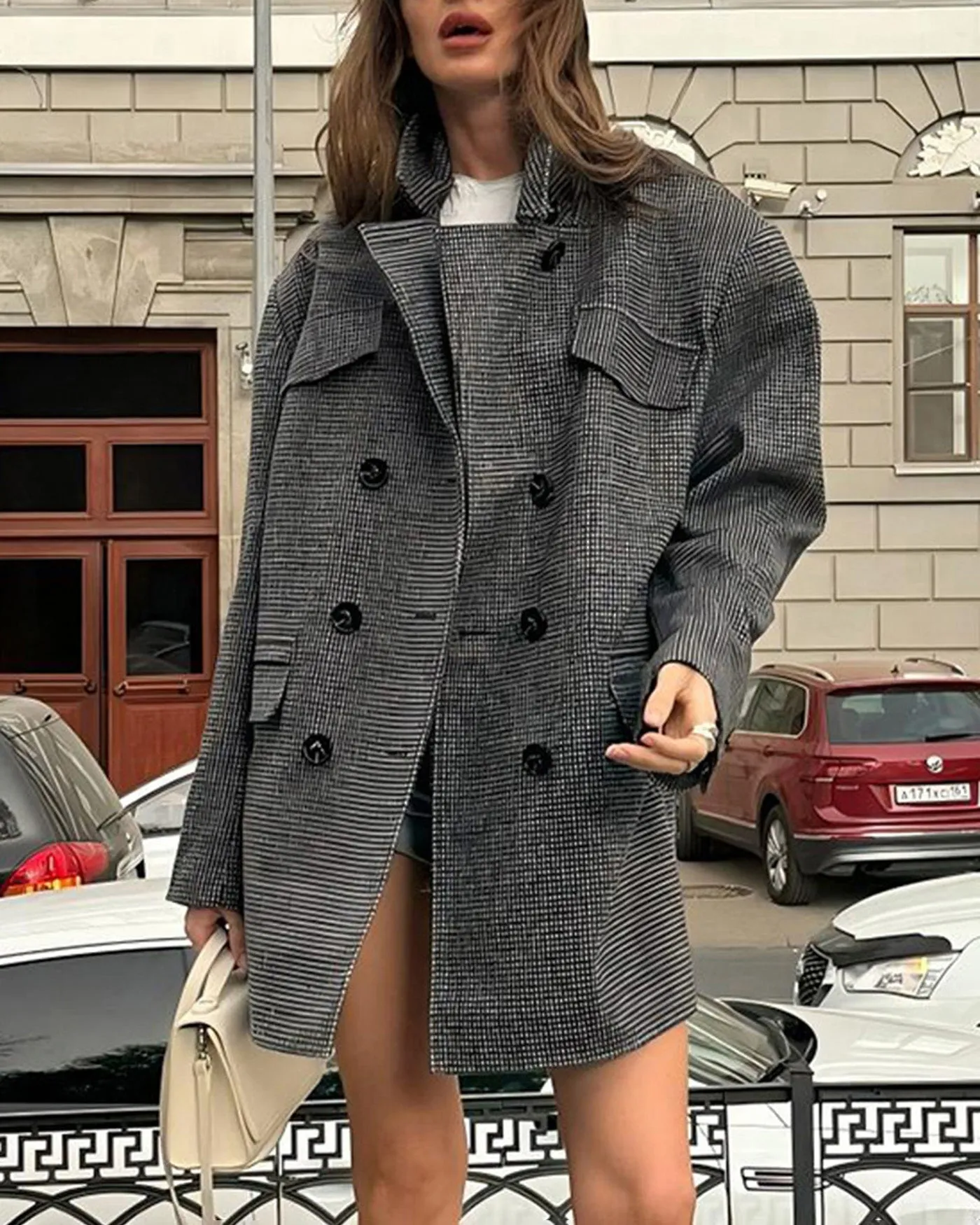 Grey Button Plaid Coat sold by rihoas