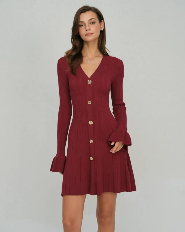 Wine Red Bell Sleeve V Neck Sweater Dress sold by rihoas