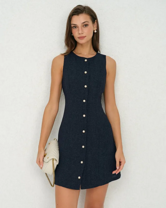 Navy Button A-Line Mini Dress sold by rihoas