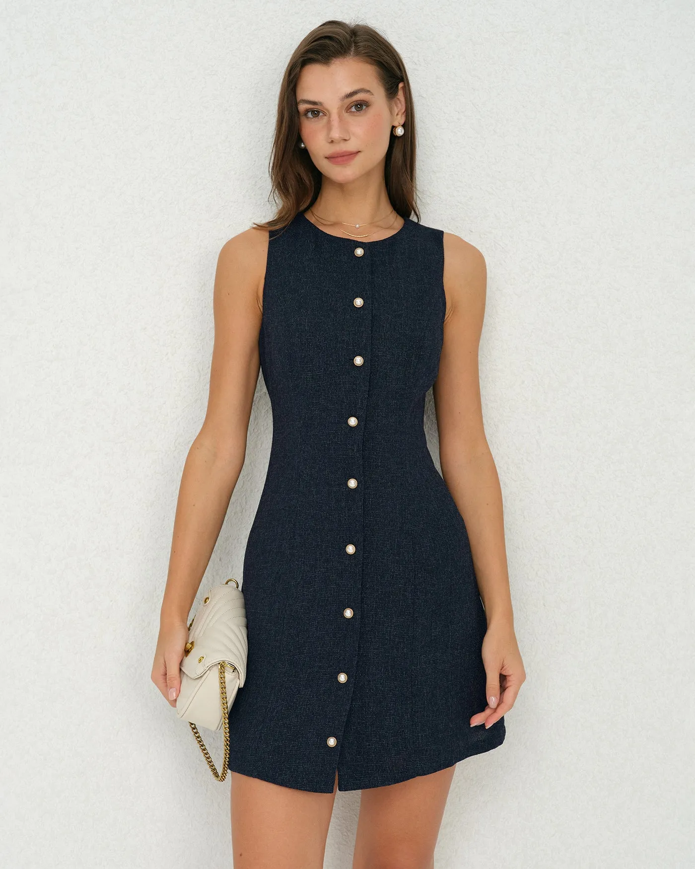 Navy Button A-Line Mini Dress sold by rihoas