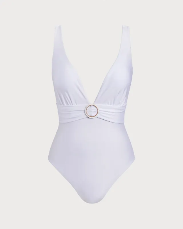 White V Neck One Piece Swimwear sold by rihoas