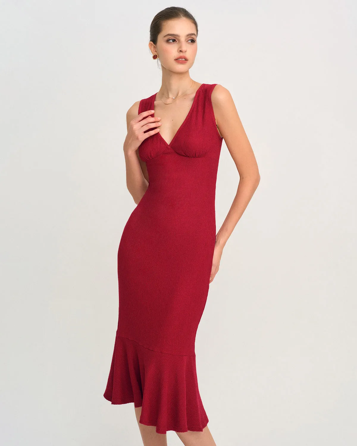 Red V Neck A-Line Midi Dress sold by rihoas