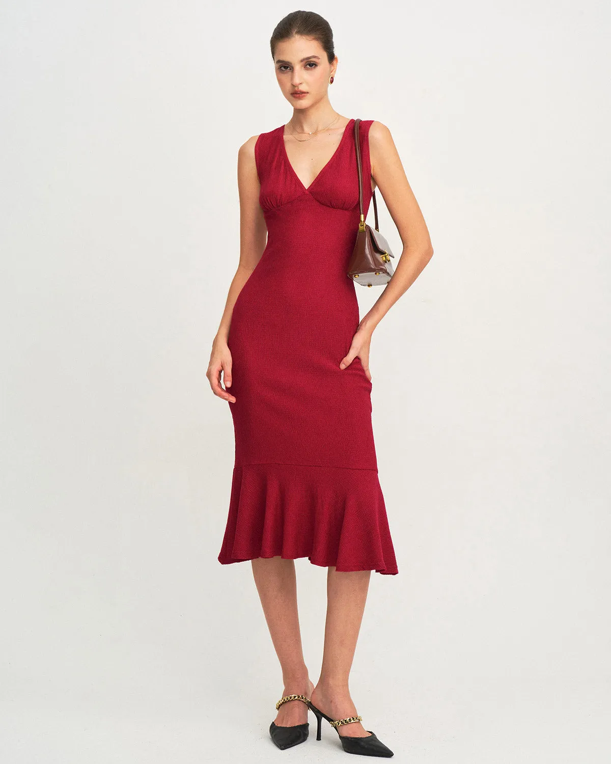 Red V Neck A-Line Midi Dress sold by rihoas product image thumbnail 5