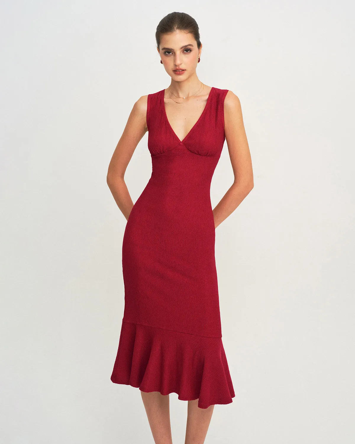 Red V Neck A-Line Midi Dress sold by rihoas product image thumbnail 4