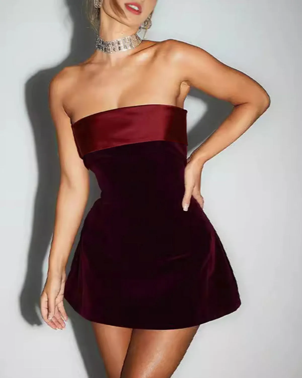 Wine Red Strapless A-Line Mini Dress sold by rihoas product image thumbnail 2
