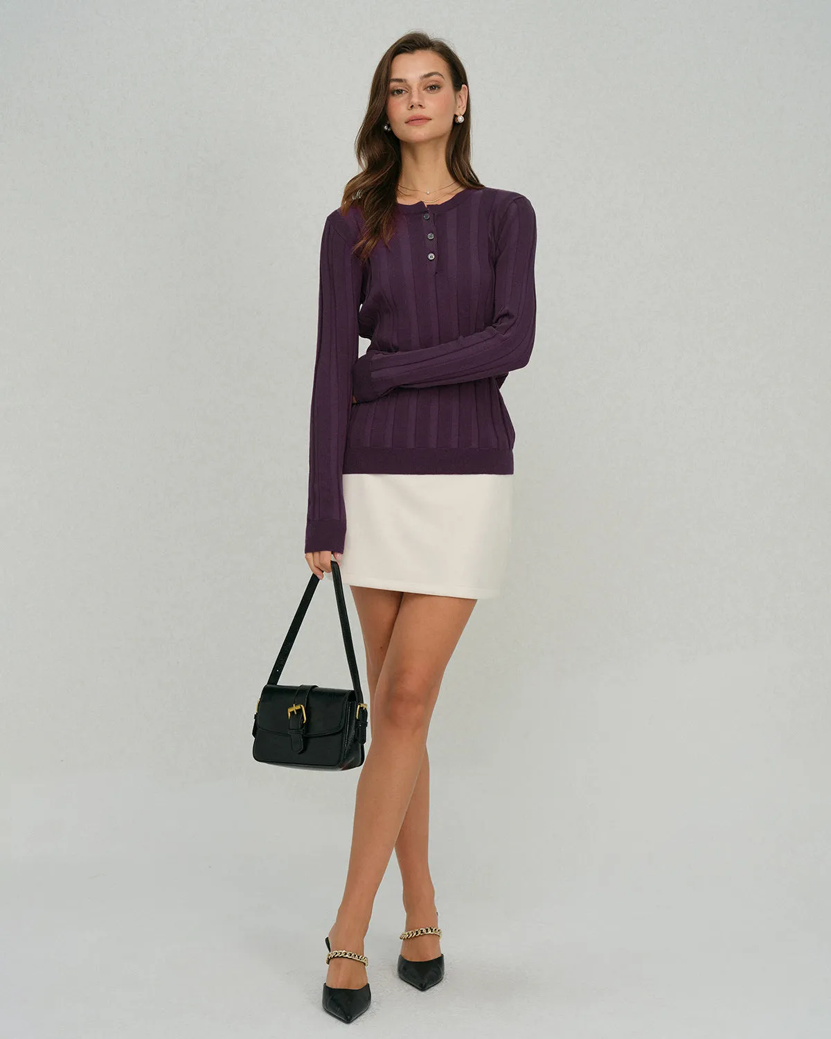 Purple Round Neck Slim Knit Tee sold by rihoas product image thumbnail 5