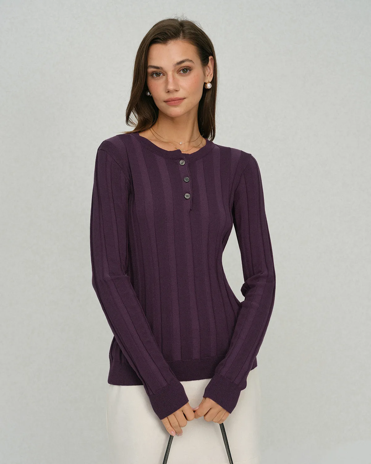 Purple Round Neck Slim Knit Tee sold by rihoas product image thumbnail 4