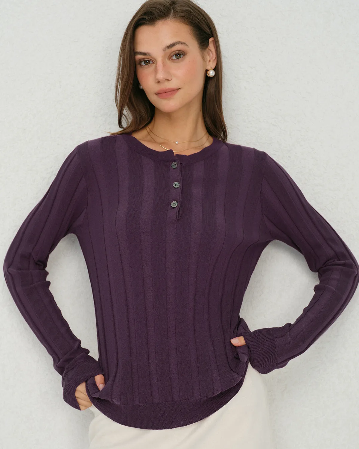 Purple Round Neck Slim Knit Tee sold by rihoas