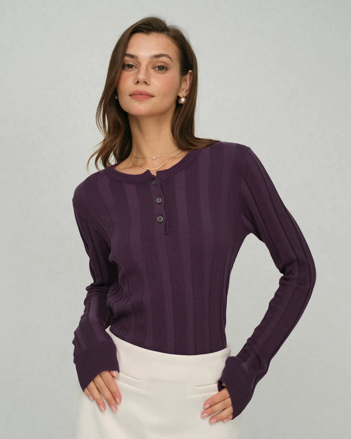 Purple Round Neck Slim Knit Tee sold by rihoas product image thumbnail 3