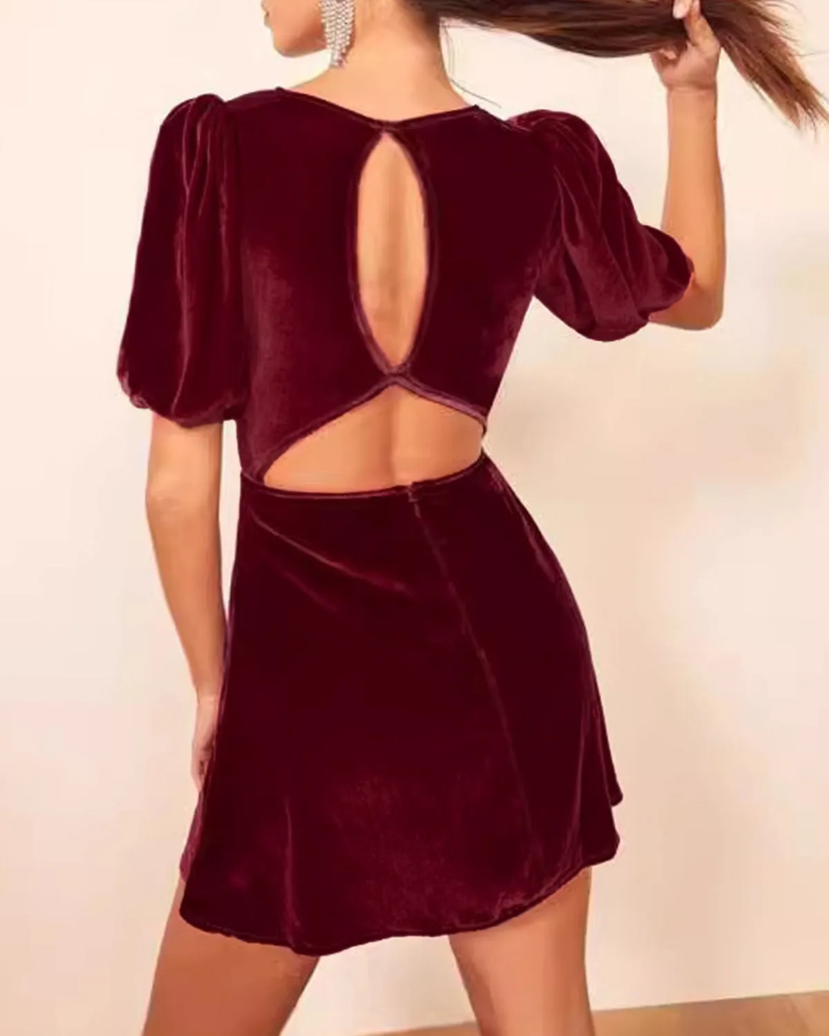 Wine Red Velour A-Line Mini Dress sold by rihoas product image thumbnail 3