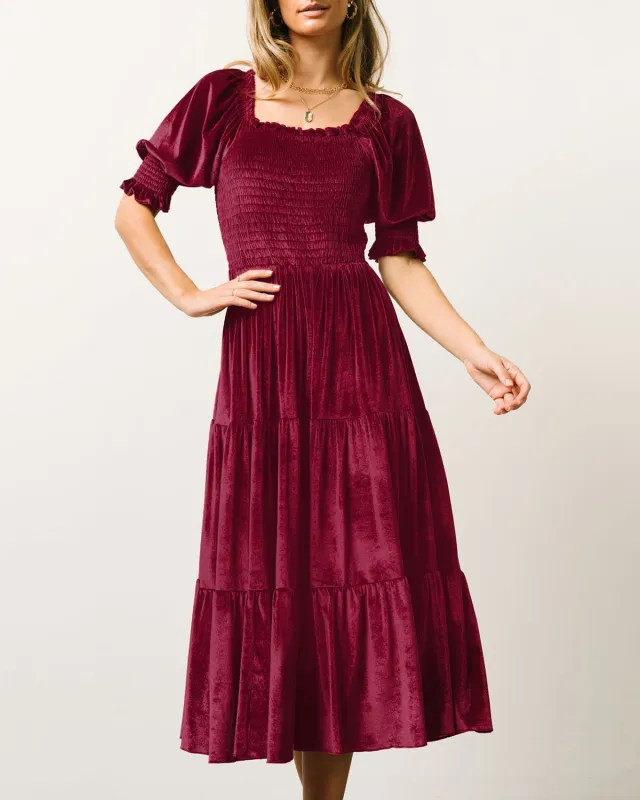 Red Lantern Sleeve U Neck A-Line Midi Dress sold by rihoas