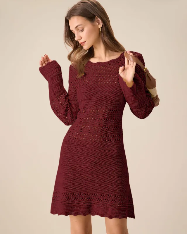 Wine Red Bell Sleeve A-Line Sweater Dress sold by rihoas