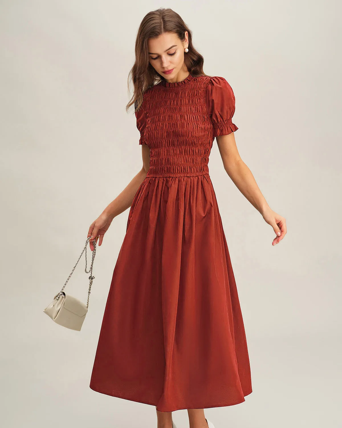 Red Puffed Sleeve Shirred A-Line Midi Dress sold by rihoas