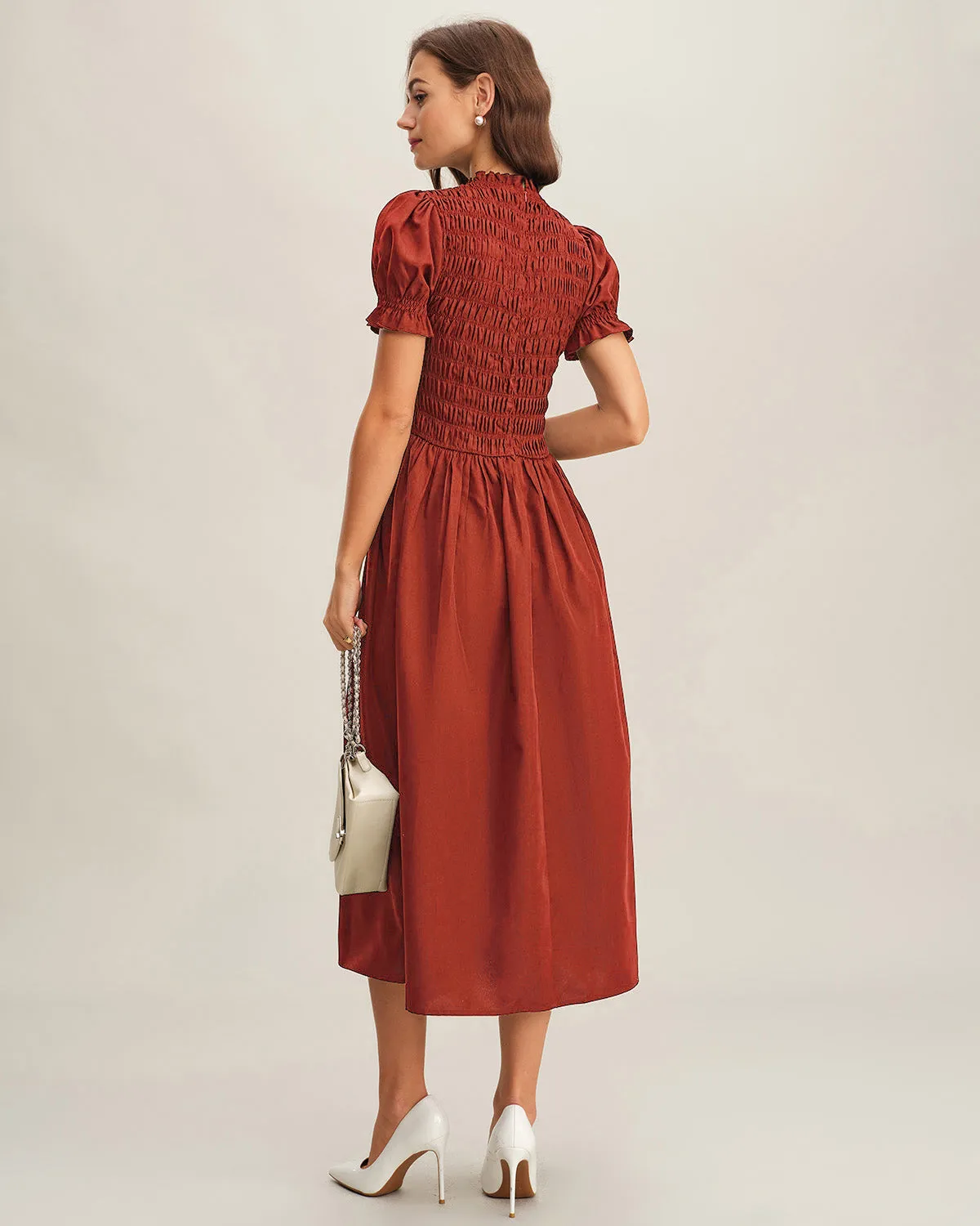 Red Puffed Sleeve Shirred A-Line Midi Dress sold by rihoas product image thumbnail 4