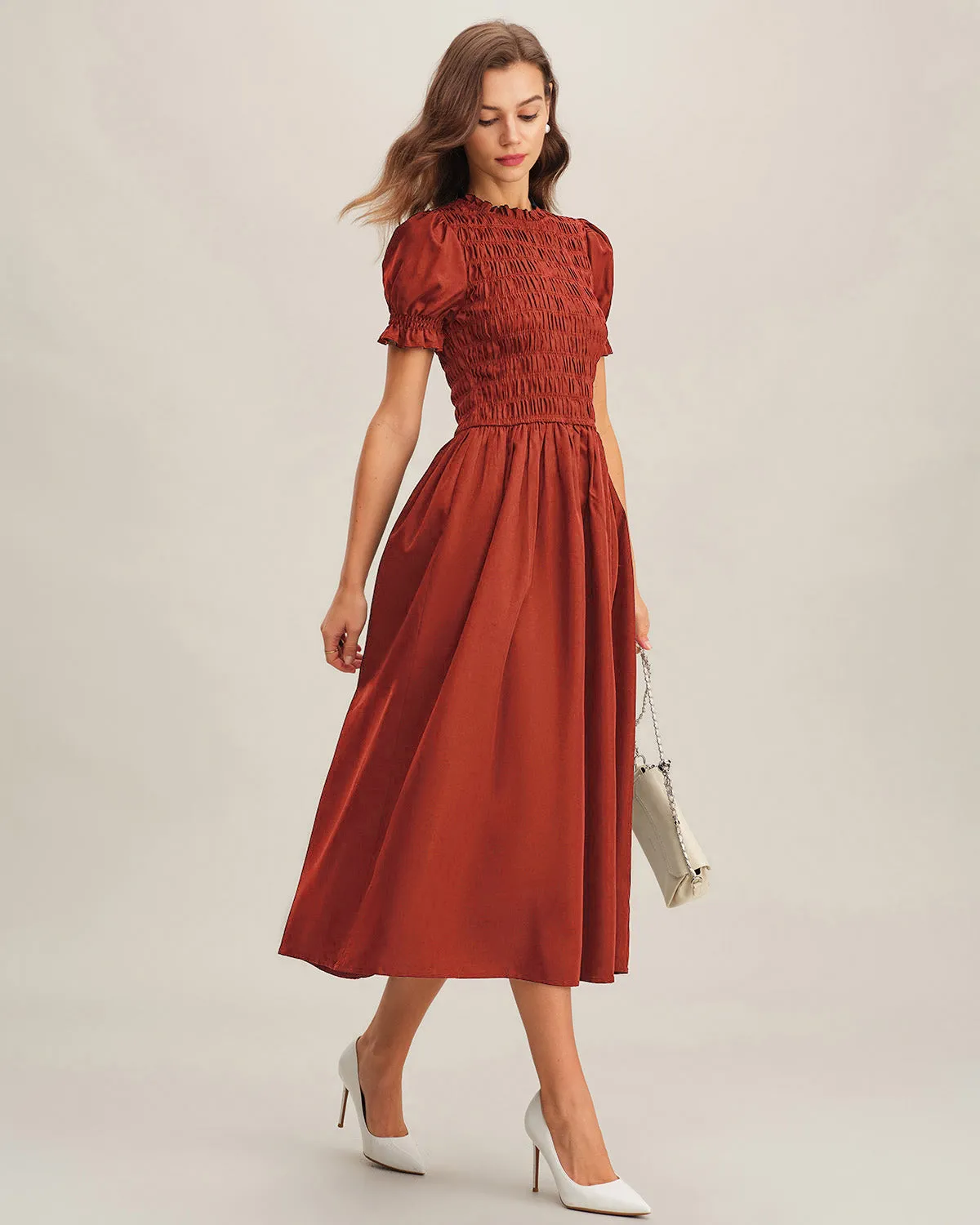 Red Puffed Sleeve Shirred A-Line Midi Dress sold by rihoas product image thumbnail 3