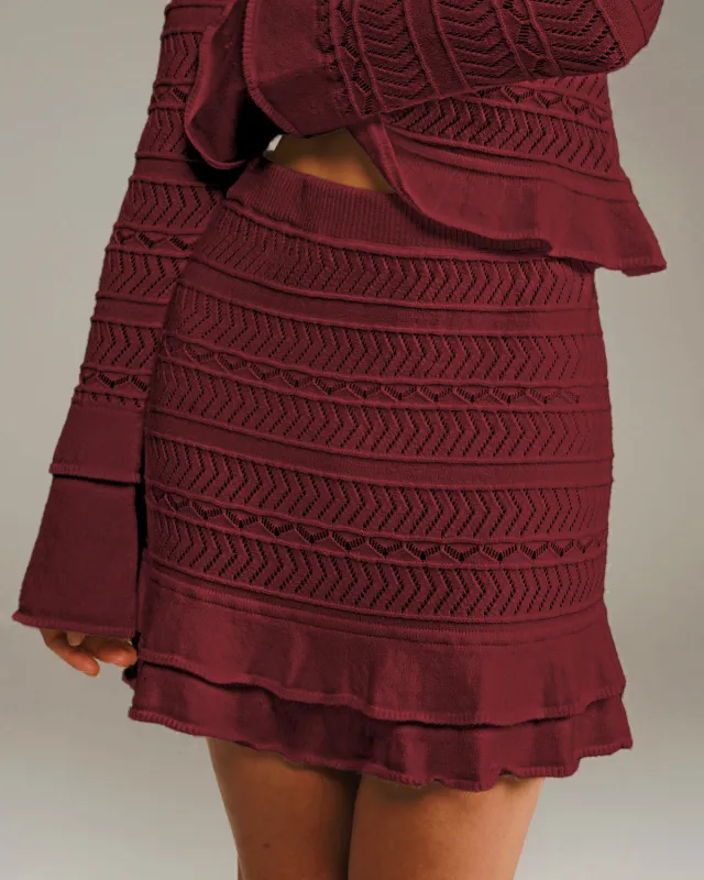 Wine Red Ruffle Knit Mini Skirt sold by rihoas