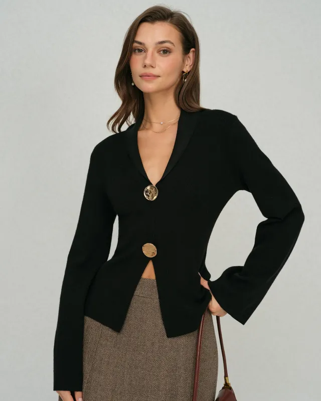 Black Bell Sleeve Button Collar Sweater sold by rihoas