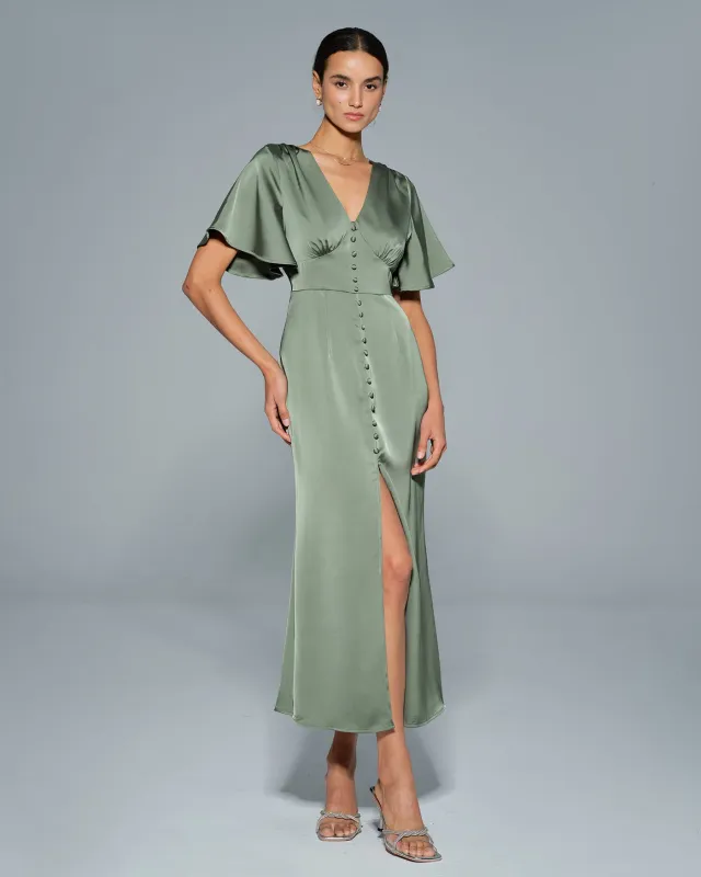 Green Butterfly Sleeve V Neck Maxi Dress sold by rihoas
