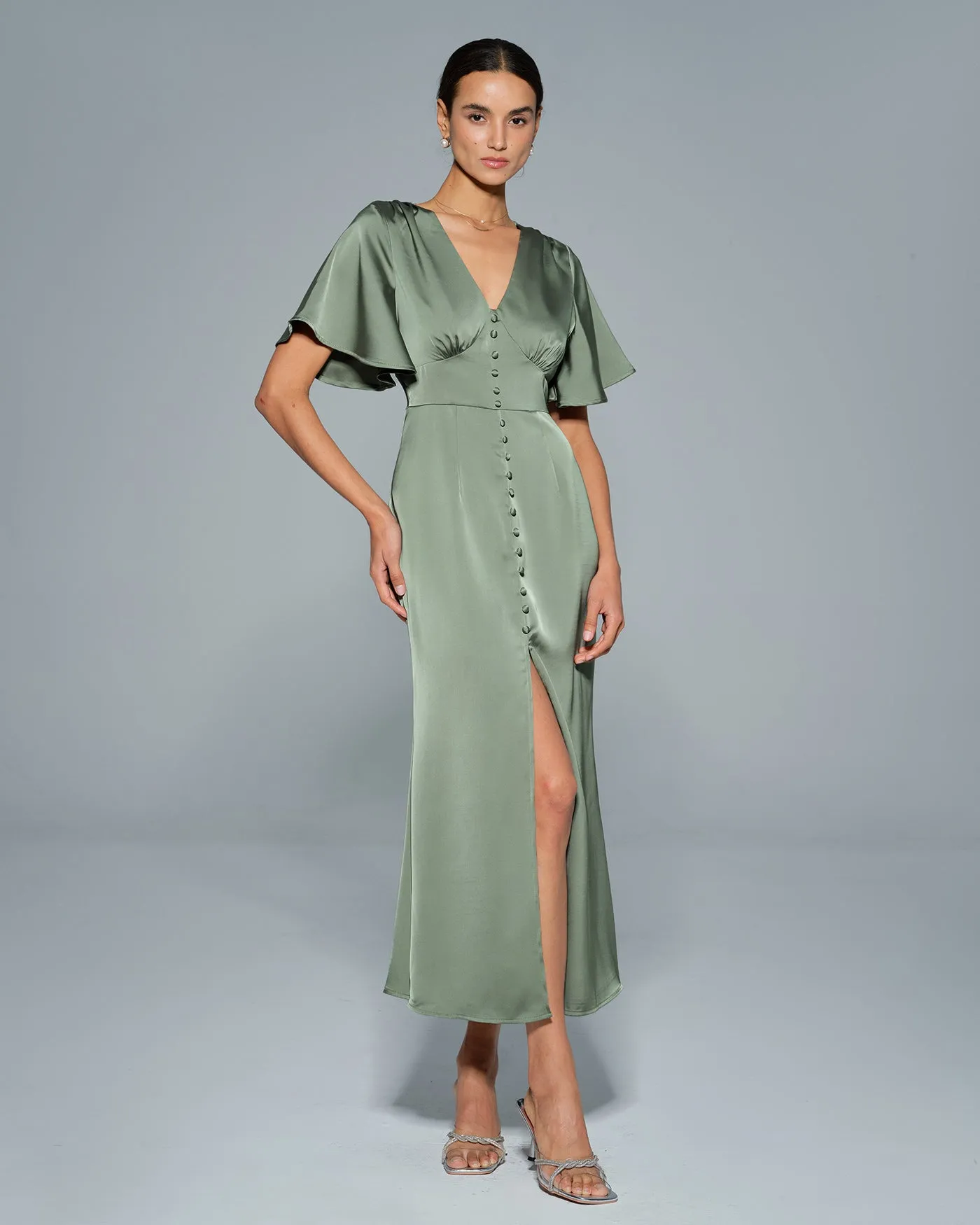 Green Butterfly Sleeve V Neck Maxi Dress sold by rihoas