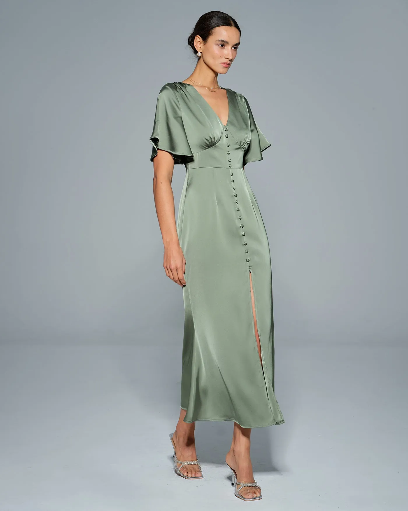 Green Butterfly Sleeve V Neck Maxi Dress sold by rihoas product image thumbnail 3