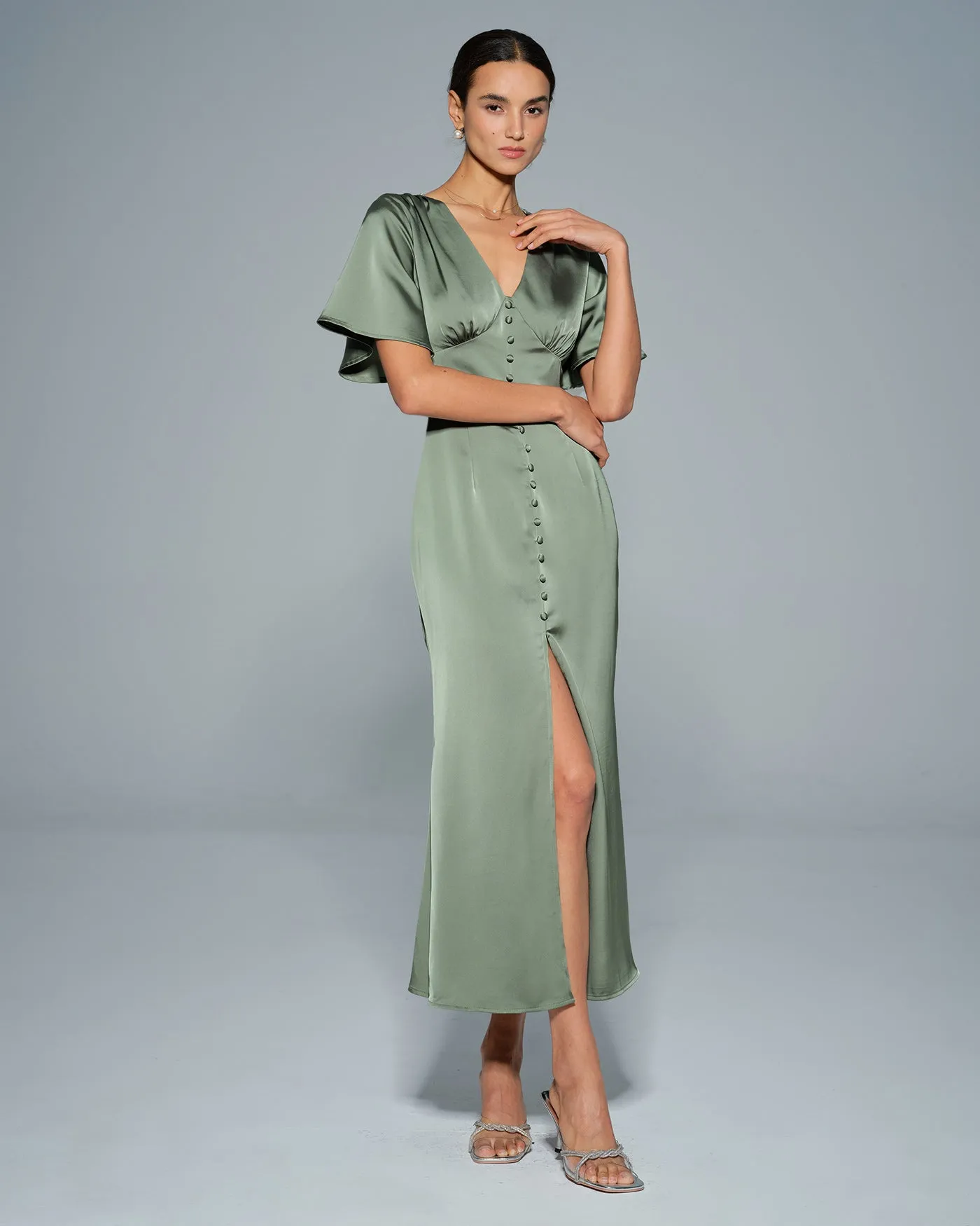 Green Butterfly Sleeve V Neck Maxi Dress sold by rihoas product image thumbnail 2