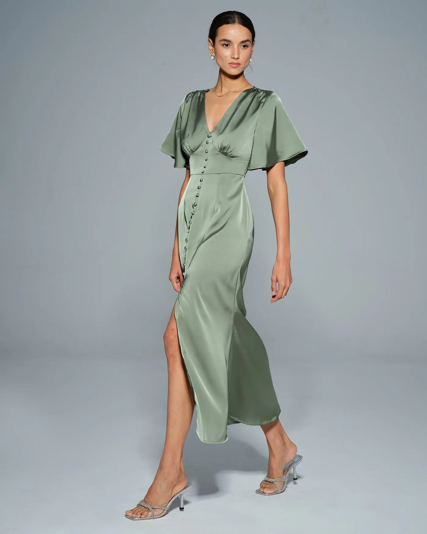 Green Butterfly Sleeve V Neck Maxi Dress sold by rihoas product image thumbnail 4