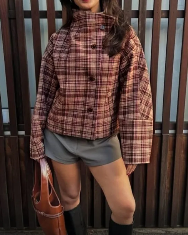 Red Single Breasted Plaid Jacket sold by rihoas