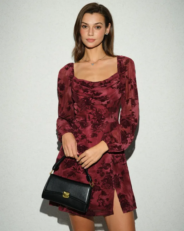 Wine Red Cowl Neck Floral Mini Dress sold by rihoas