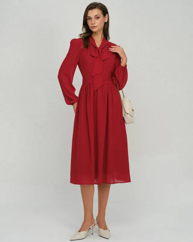 Wine Red Lantern Sleeve Chiffon Midi Dress sold by rihoas