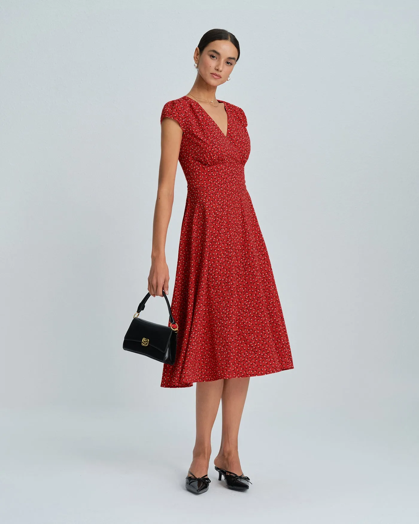 Red Cap Sleeve Floral Midi Dress sold by rihoas