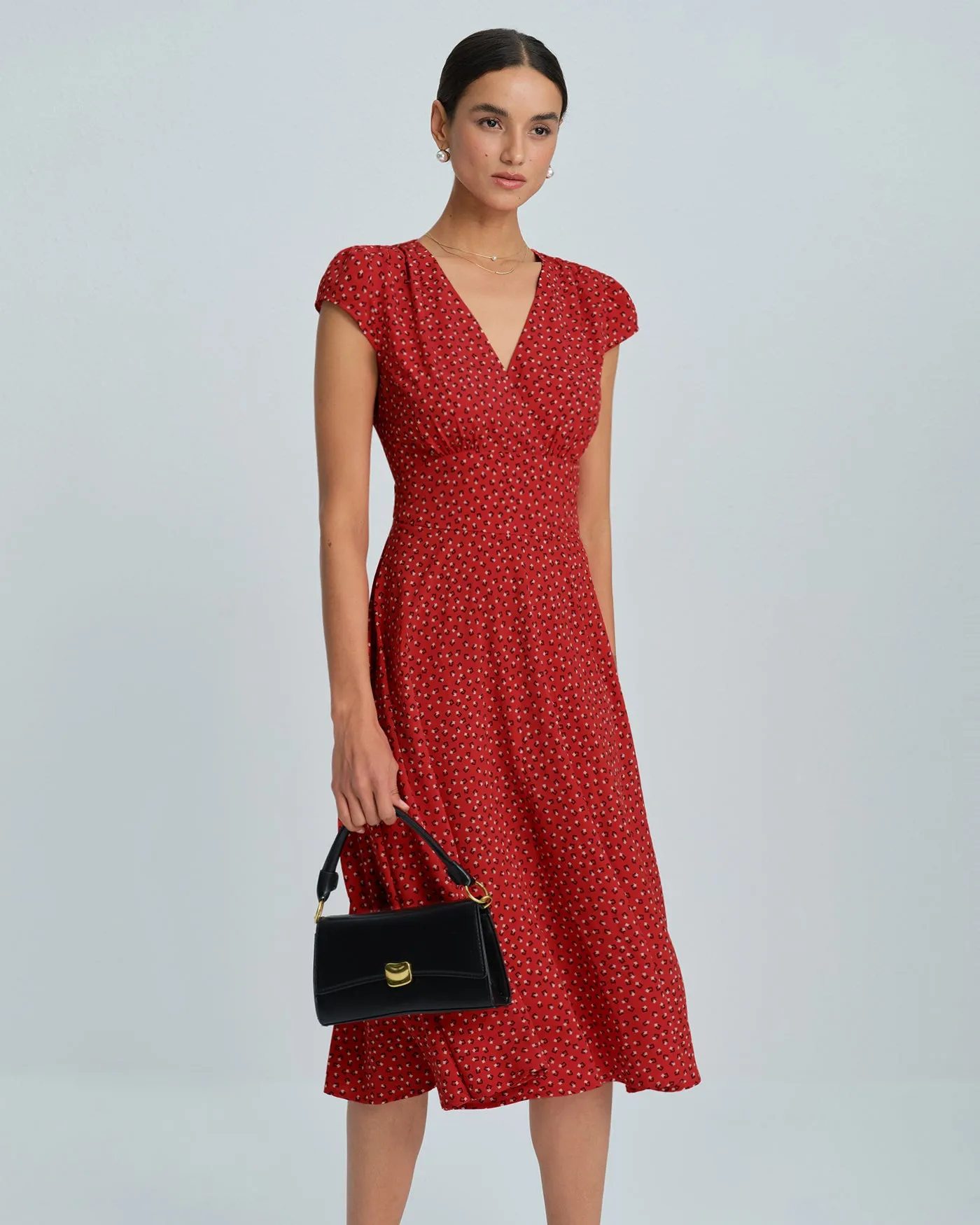 Red Cap Sleeve Floral Midi Dress sold by rihoas product image thumbnail 2