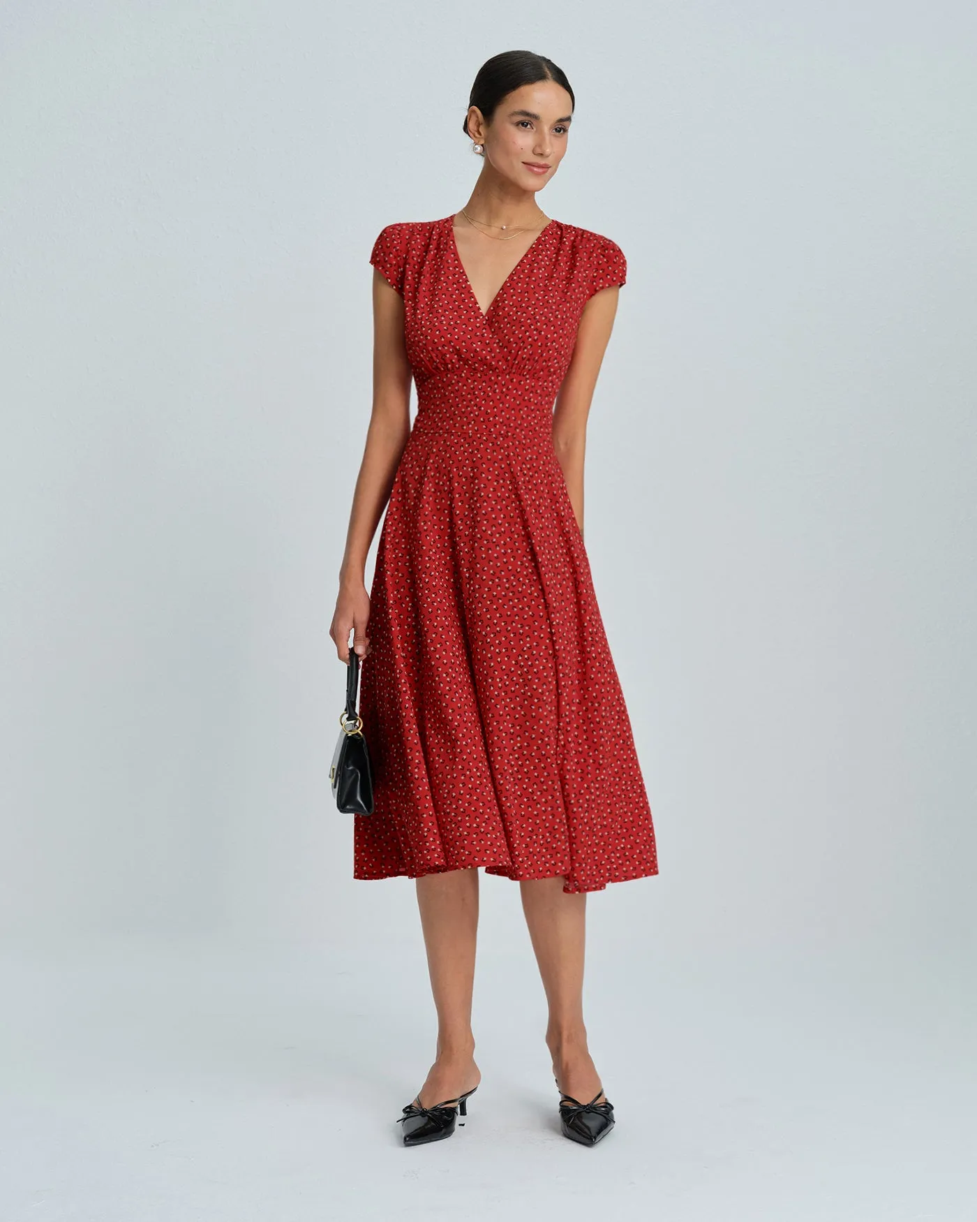 Red Cap Sleeve Floral Midi Dress sold by rihoas product image thumbnail 4