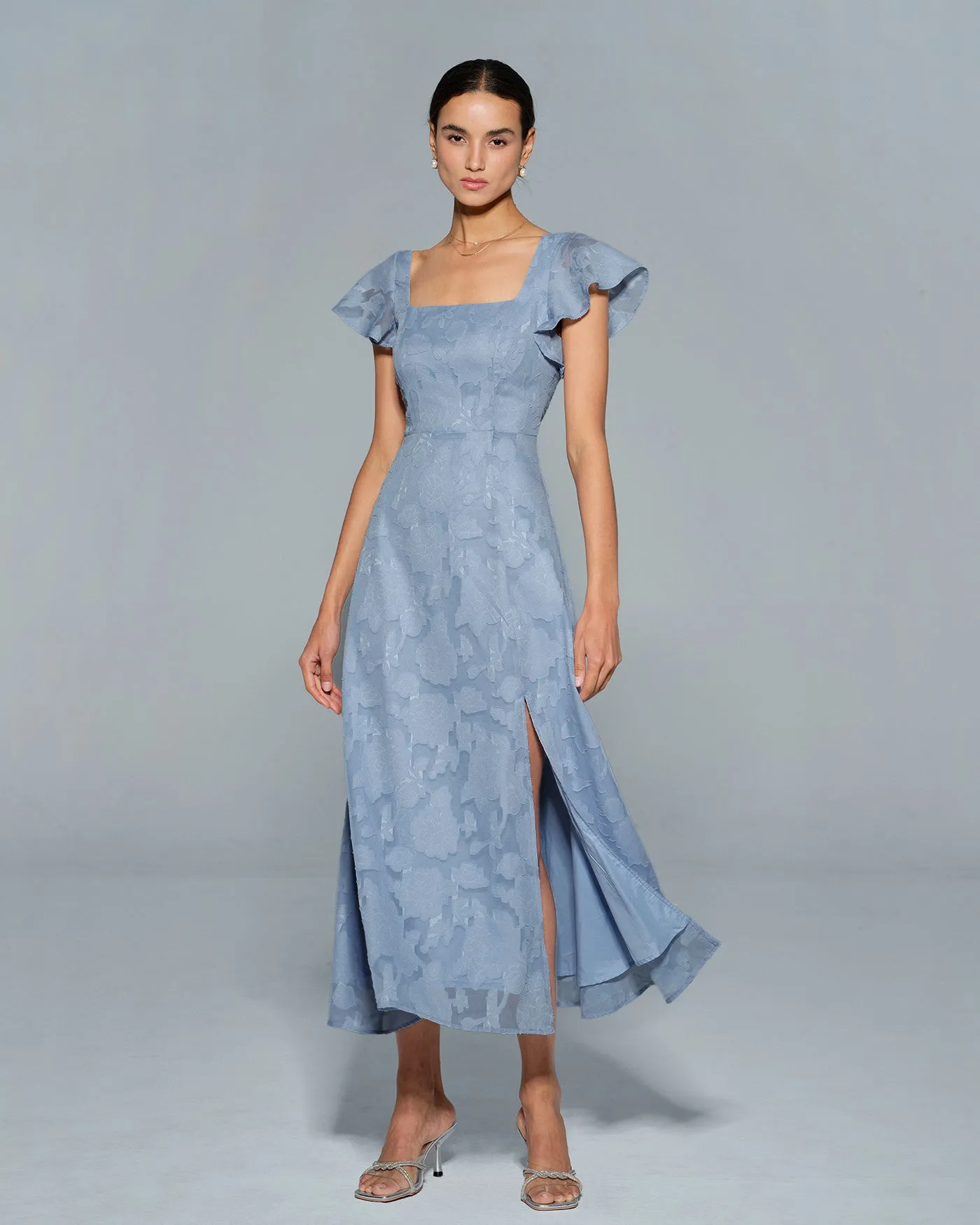 Blue Floral Square Neck Midi Dress sold by rihoas product image thumbnail 5