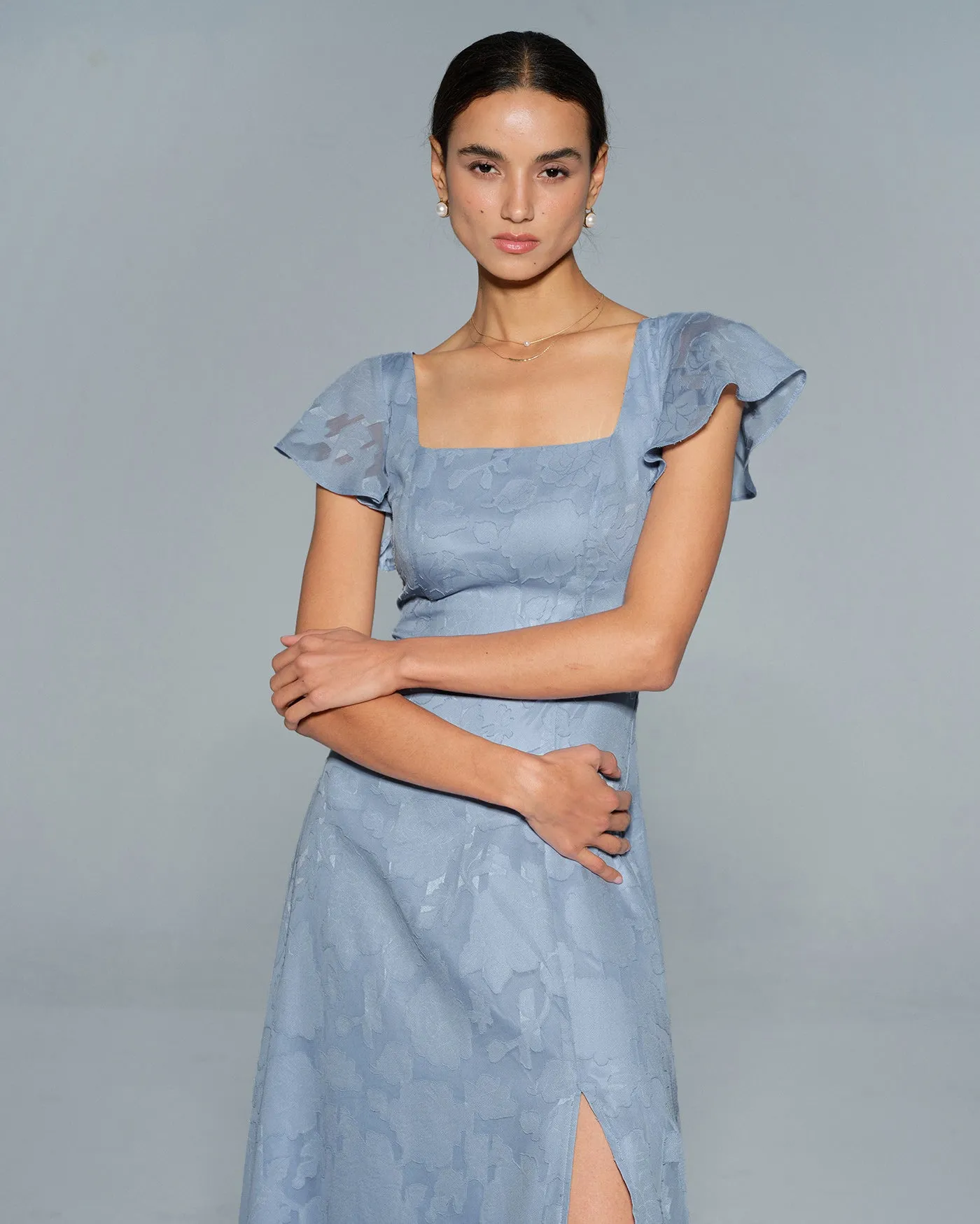 Blue Floral Square Neck Midi Dress sold by rihoas product image thumbnail 3