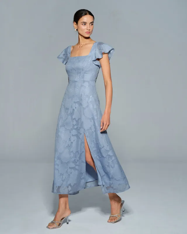 Blue Floral Square Neck Midi Dress sold by rihoas