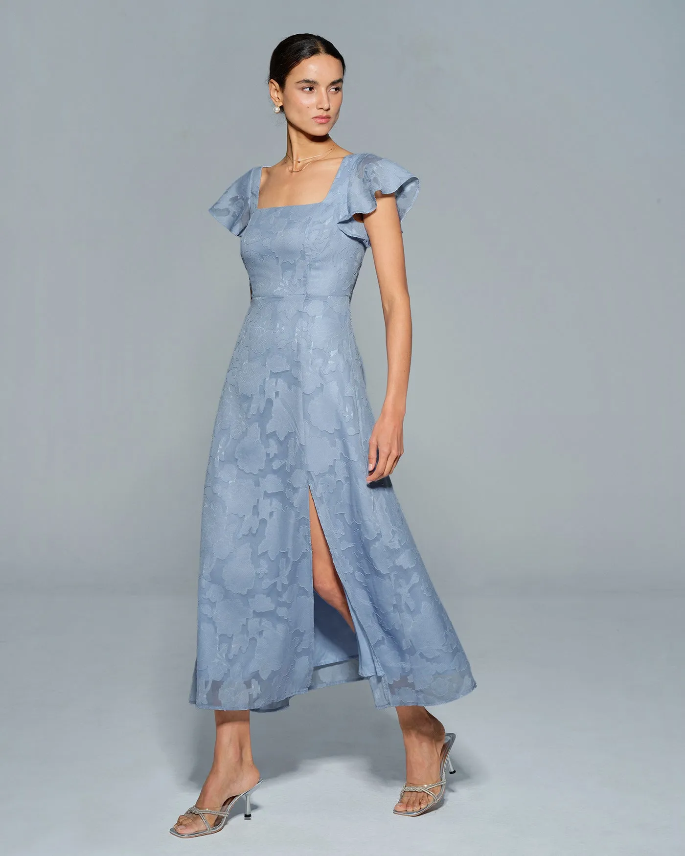 Blue Floral Square Neck Midi Dress sold by rihoas