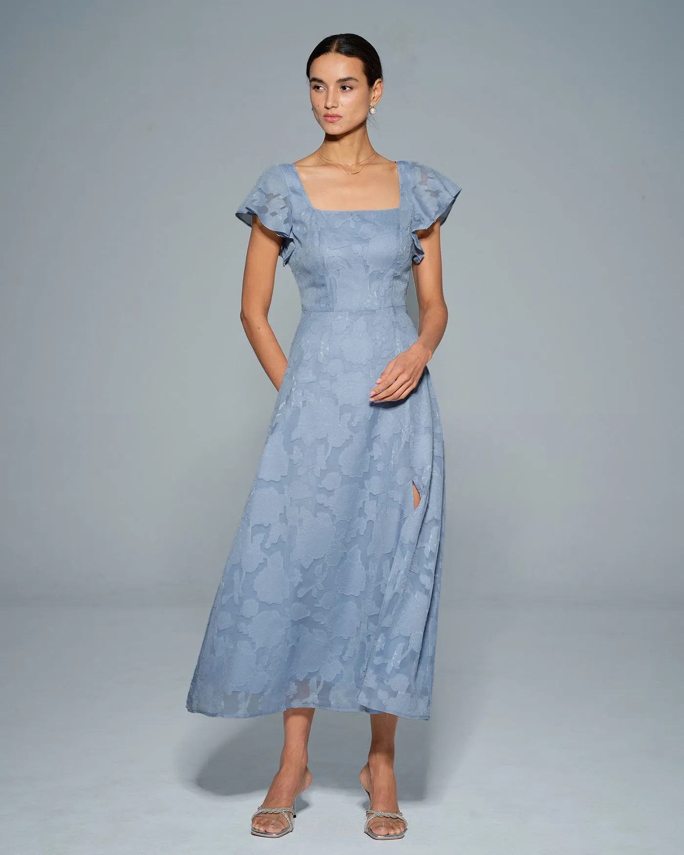 Blue Floral Square Neck Midi Dress sold by rihoas product image thumbnail 2
