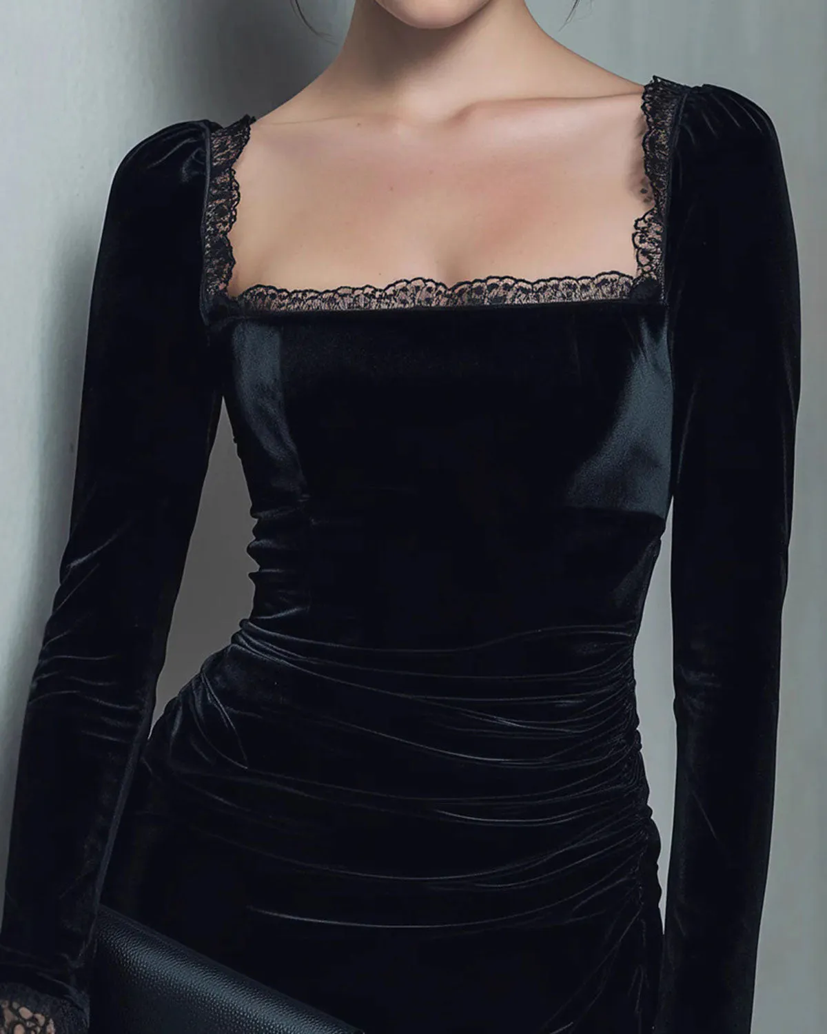 Black Square Neck Velour Mini Dress sold by rihoas product image thumbnail 2