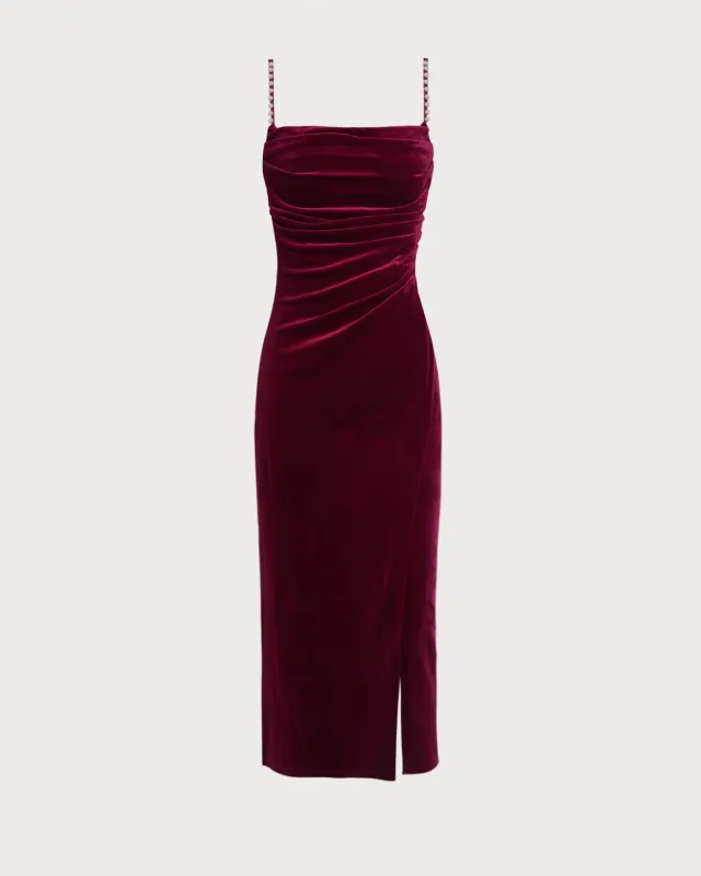 Wine Red Sleeveless Straps Velour Midi Dress sold by rihoas