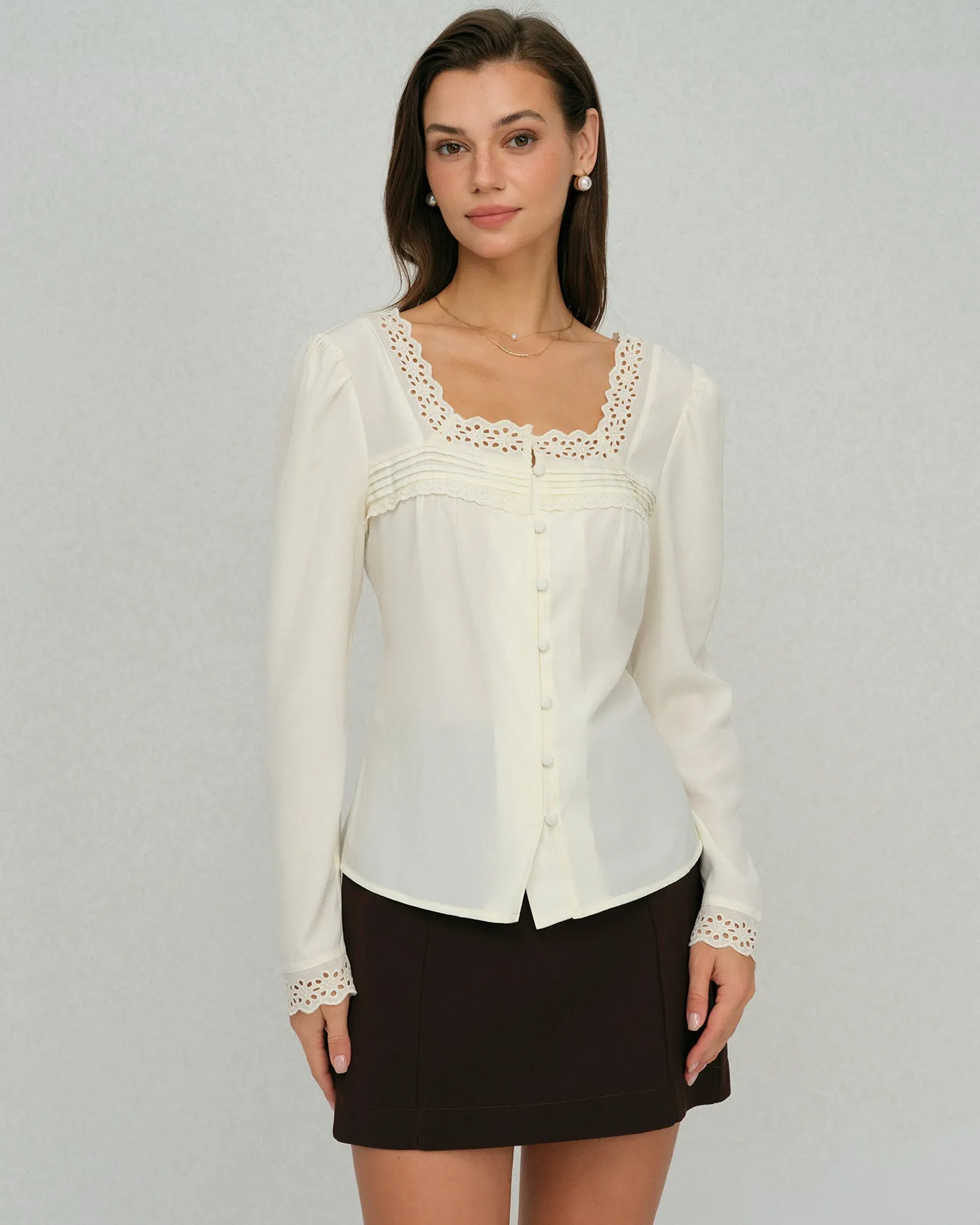 Beige Square Neck Lace Blouse sold by rihoas product image thumbnail 2