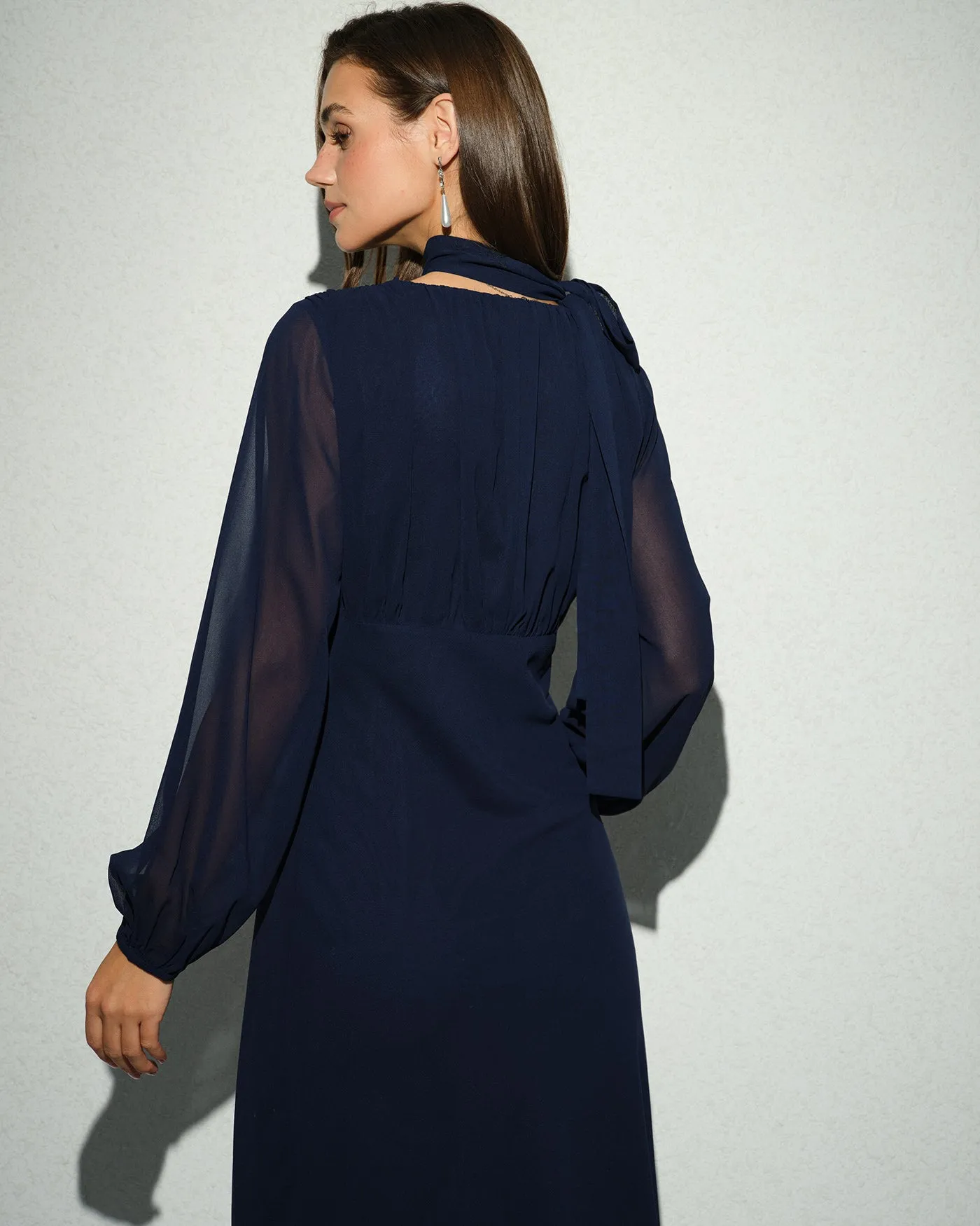 Navy Lantern Sleeve V Neck Midi Dress sold by rihoas product image thumbnail 4