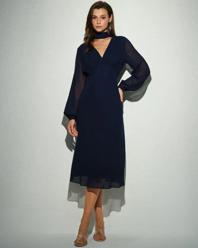 Navy Lantern Sleeve V Neck Midi Dress sold by rihoas