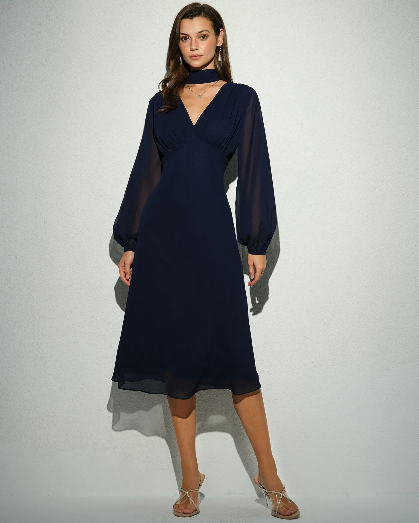 Navy Lantern Sleeve V Neck Midi Dress sold by rihoas product image thumbnail 5