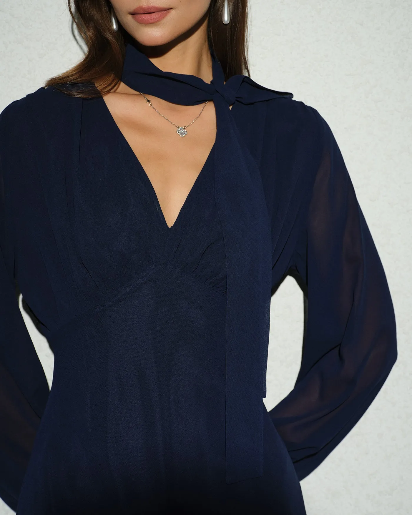 Navy Lantern Sleeve V Neck Midi Dress sold by rihoas product image thumbnail 2