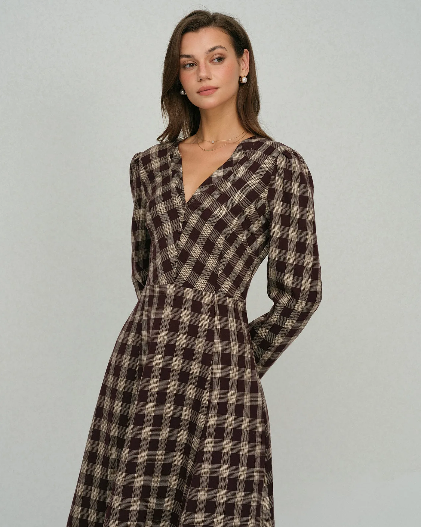 Brown Floral V Neck Midi Dress sold by rihoas product image thumbnail 3