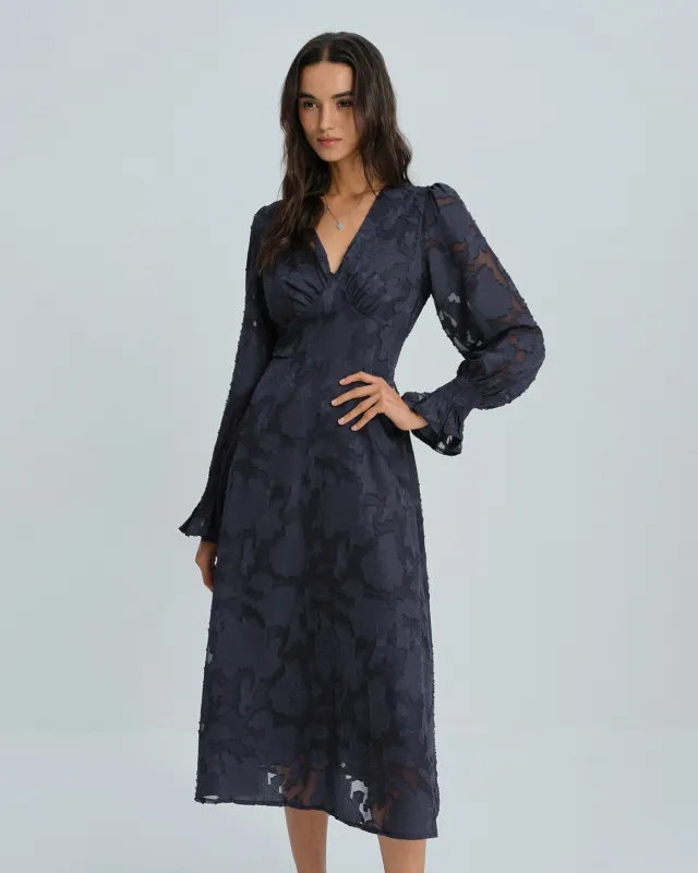 Blue Floral V Neck Midi  Dress sold by rihoas