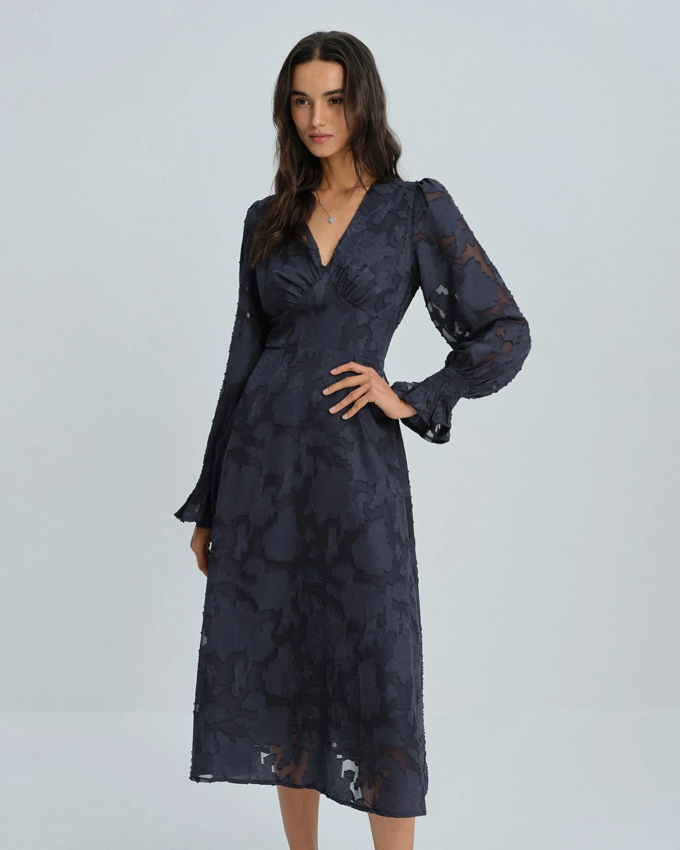 Blue Floral V Neck Midi Dress sold by rihoas