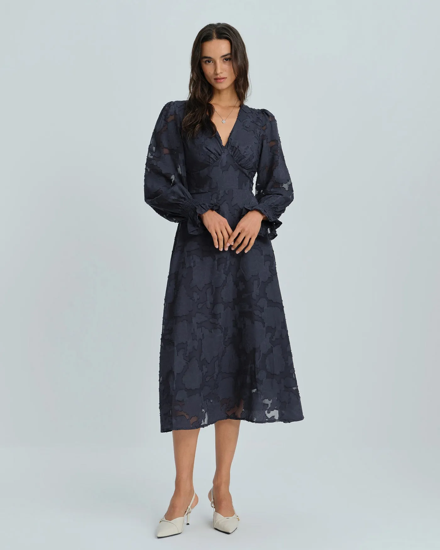 Blue Floral V Neck Midi Dress sold by rihoas product image thumbnail 4